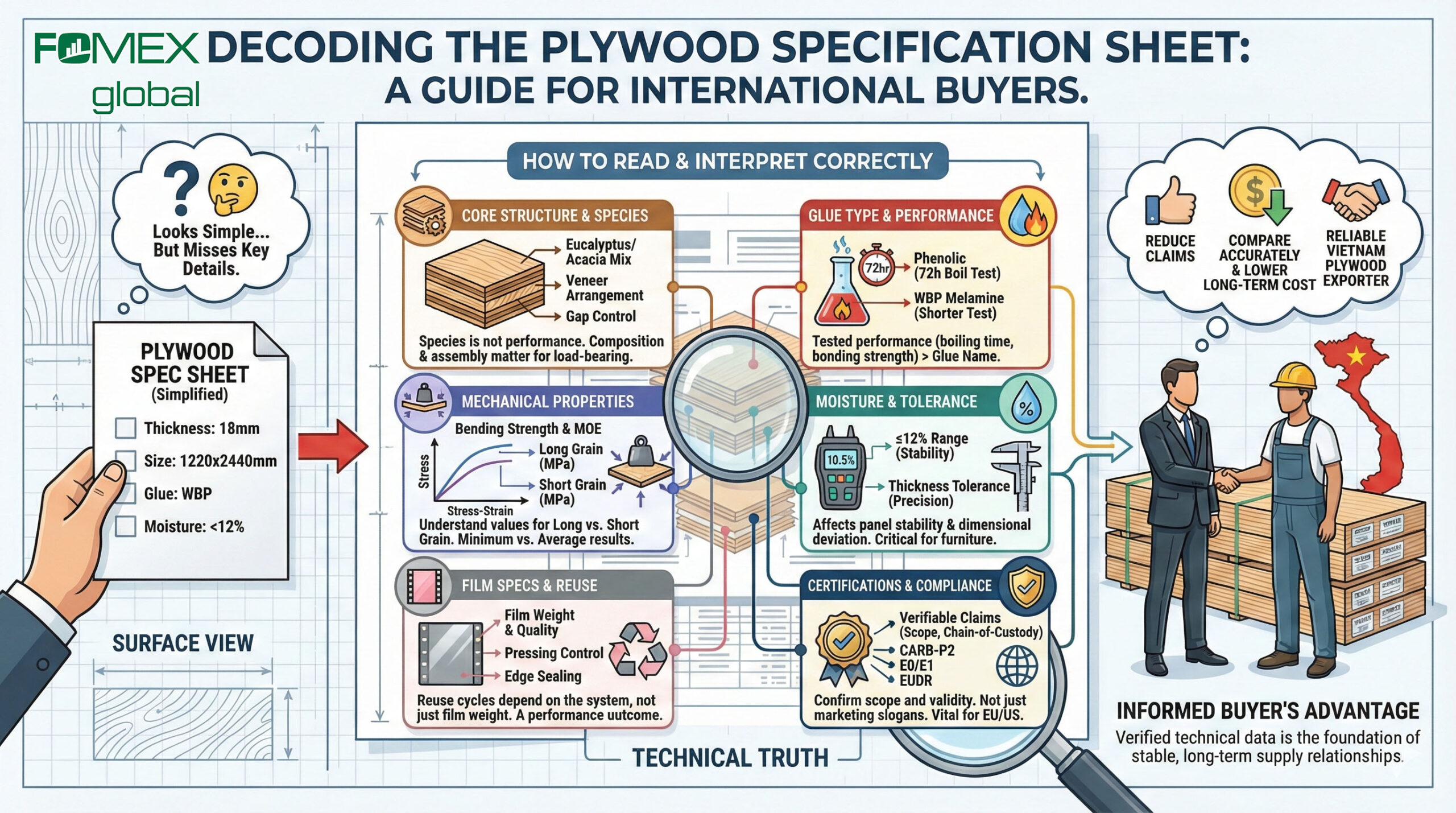 Learn how to read a plywood specification sheet, avoid common importer mistakes, and understand key plywood technical data clearly.