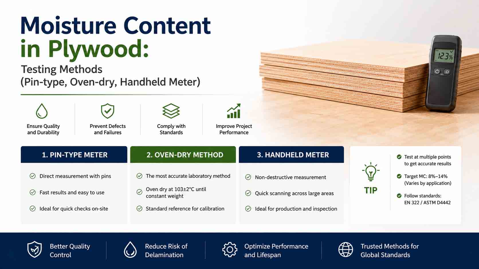 Moisture Content in Plywood: Testing Methods (Pin-type, Oven-dry, Handheld Meter)