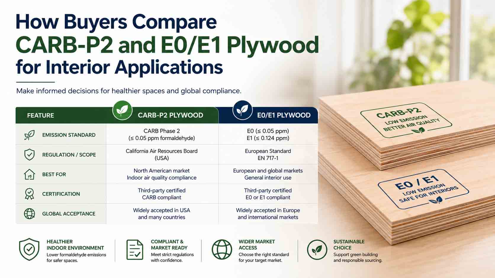 How Buyers Compare CARB-P2 and E0/E1 Plywood for Interior Applications